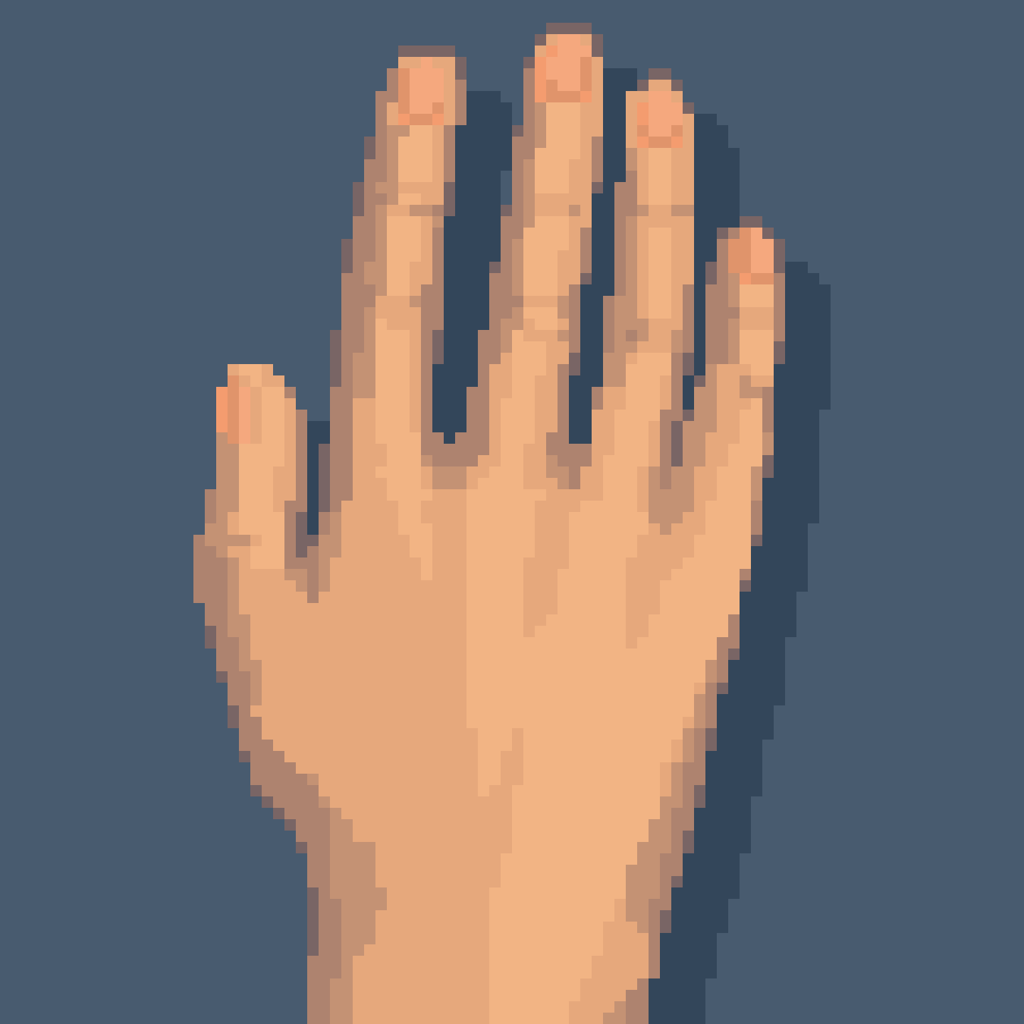 Pixel art of a light-skinned hand over a blue background.