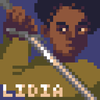 Pixel art of a woman labeled Lidia holding a two-handed sword.