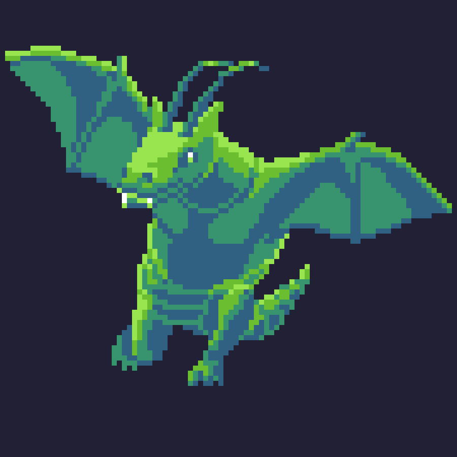 Pixel art of a green dragon with long horns and short wings.