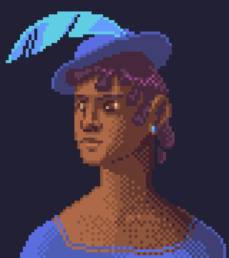 Pixel art bust of a black woman with a blue dress and hat with a feather in it.