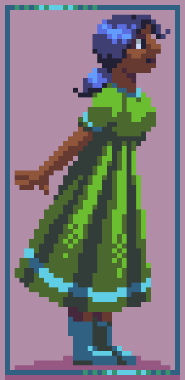 Pixel art of a blue-haired girl in a green dress leaning forward.