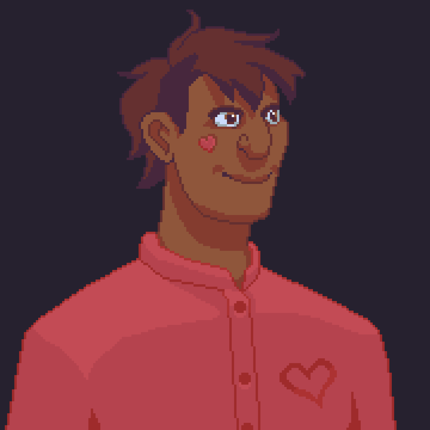 A guy in a pink shirt with a pink heart on his cheek.