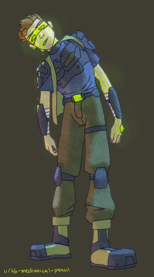 Digital art of a roguish guy leaking green goop from his facial orifices; his outfit is a few pieces of sci-fi combat armor over more ordinary clothes.