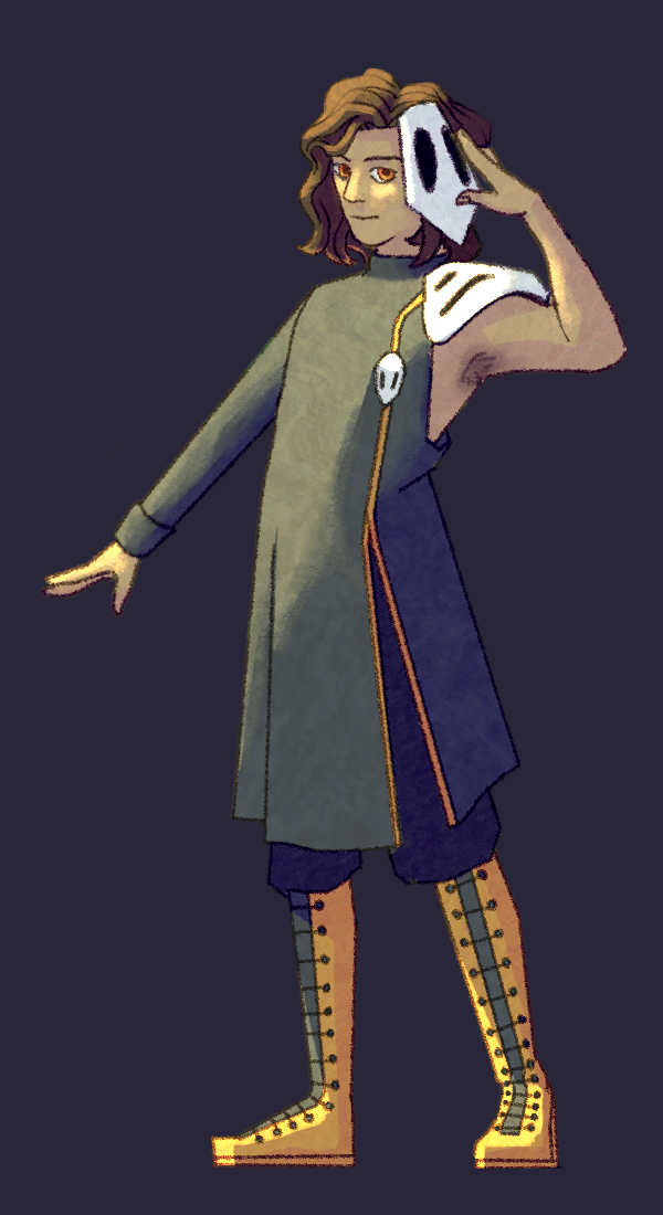 A man in an asymmetrical gray robe with yellow accents. He is holding a white mask to his face.