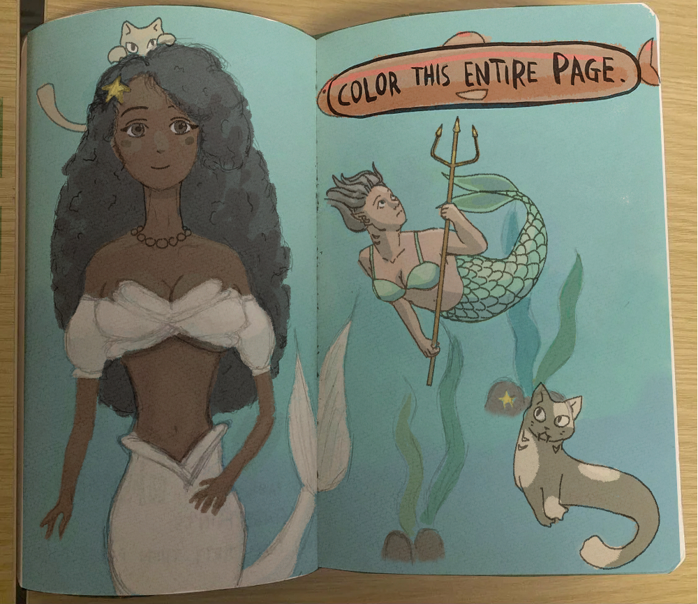A spread of a creative workbook titled 'COLOR THIS ENTIRE PAGE.' the spread is a mix of two artists' work and depicts mermaids and mercats among seaweed. The title bubble has been turned into a fish.
