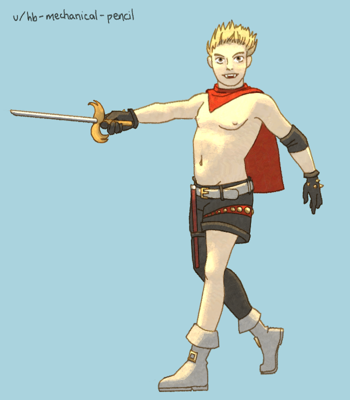 A blond fanged shirtless boy with a red cape and asymmetrical pants brandishing a really short rapier.
