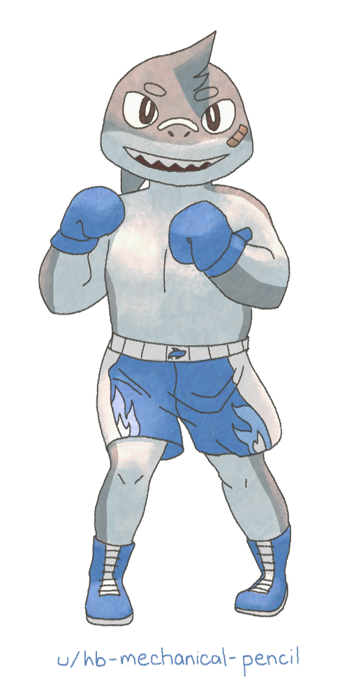 A chibi anthropomorphic shark in blue boxing gear.