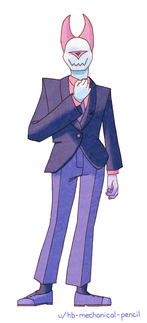 A chalk-skinned one-eyed humanoid with large pink horns wearing a purple suit over a pink shirt. He is adjusting his tie, also purple.