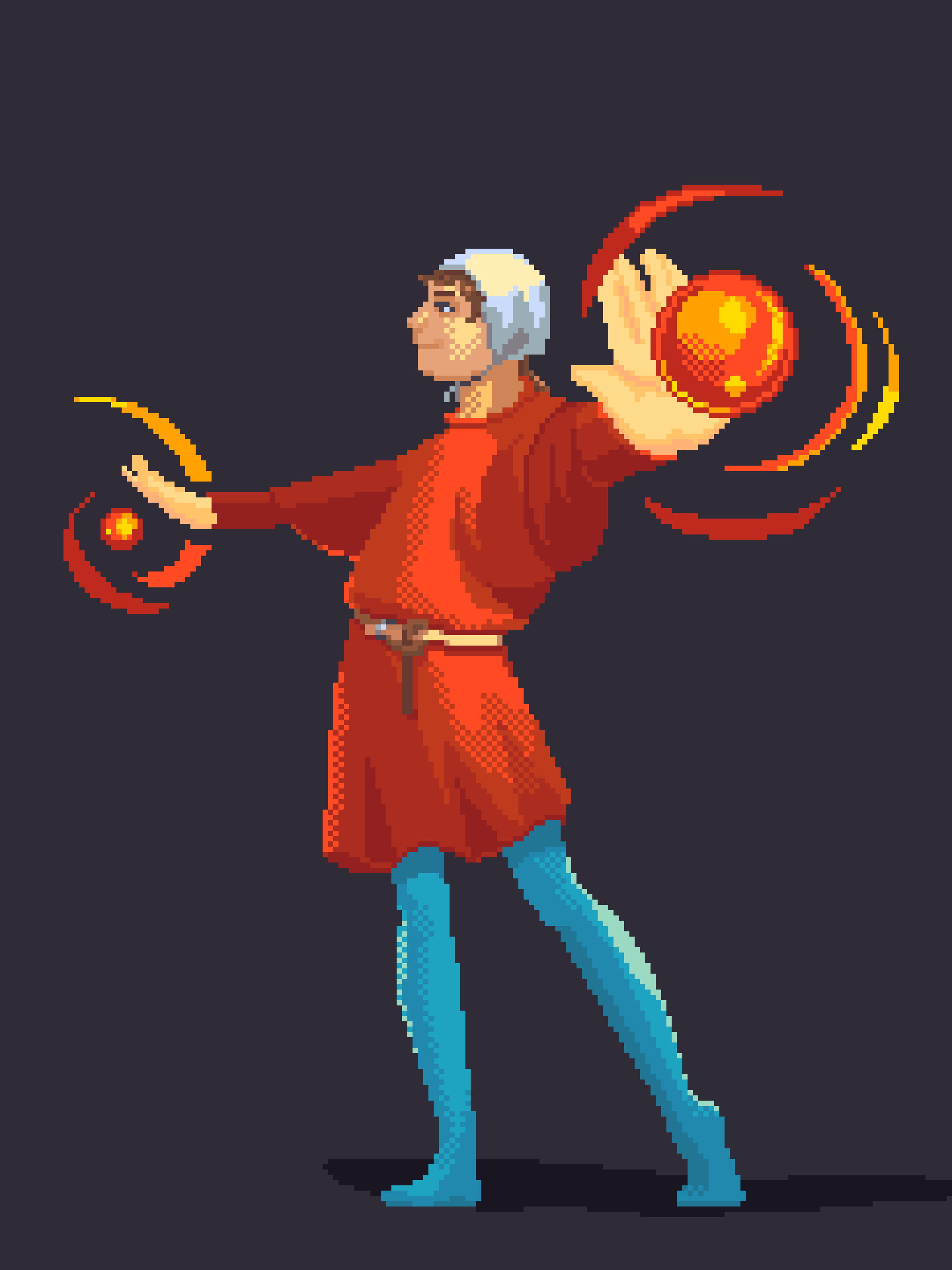 Pixel art of a figure wearing a belted medieval tunic, coif, and hose, with fireballs in outstreched hands.