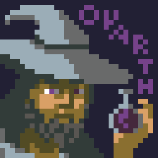 Pixel art of a wizardly man named Ovarth holding a potion bottle.