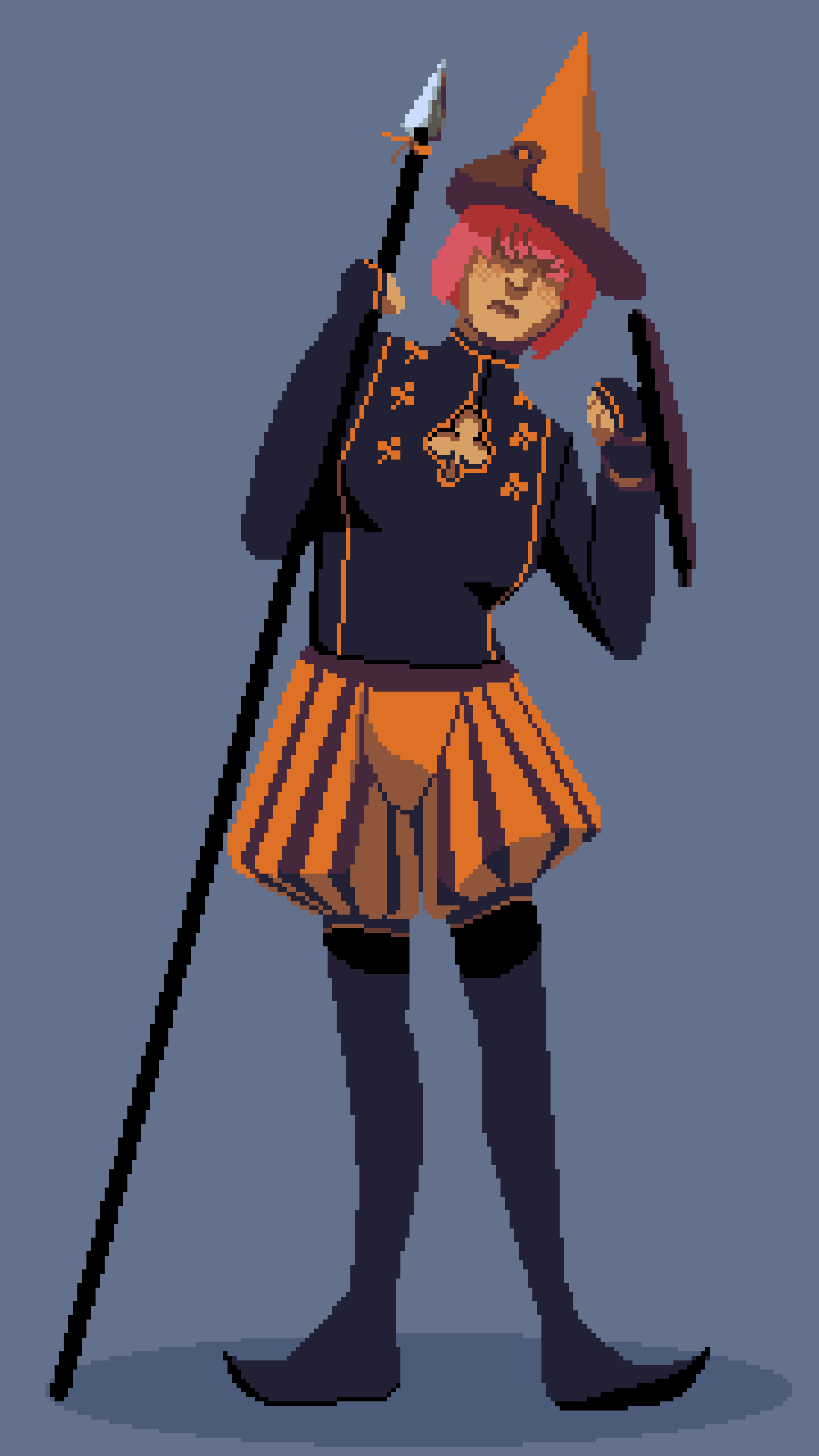 A figure with pink hair in a quirky orange and black outfit holding a spear and shield.
