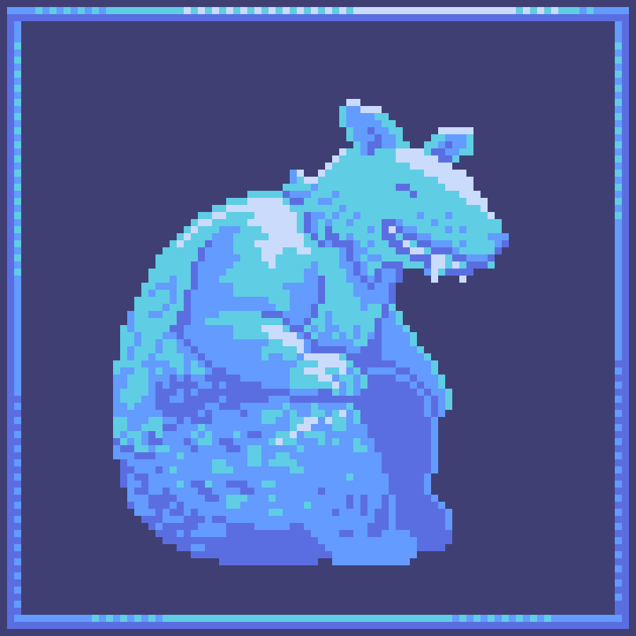 Pixel art of a blue, fat, happy rat.