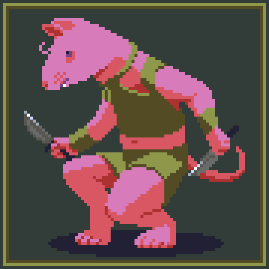 Pixel art of a pink rat in green clothes crouching holding knives.