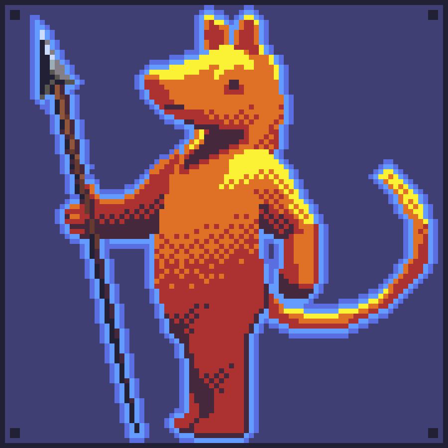 Pixel art of a fiery-colored rat with a spear.