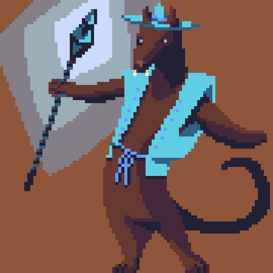 Pixel art of a slightly anthropomorphic rat wizard.