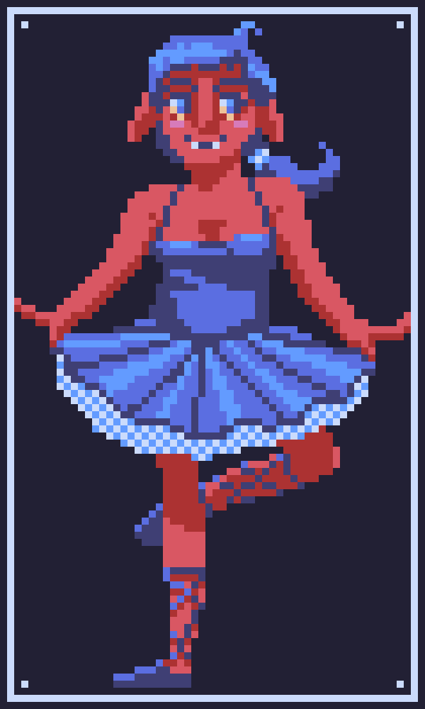 Pixel art of a smiling goblin with red skin posing in a blue ballet-inspired outfit.