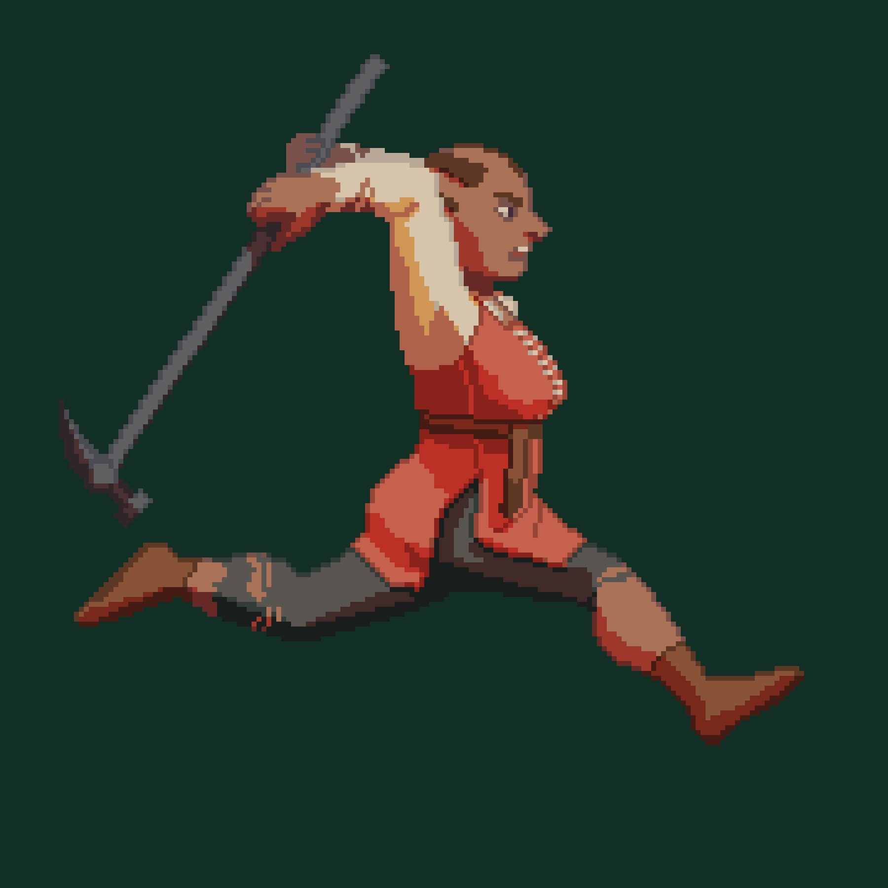 A dwarf woman leaping forward with her warhammer prepared to strike, shown in profile.