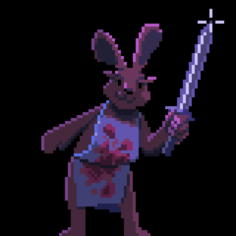 Pixel art of bunny in a bloody blue apron with a sword.